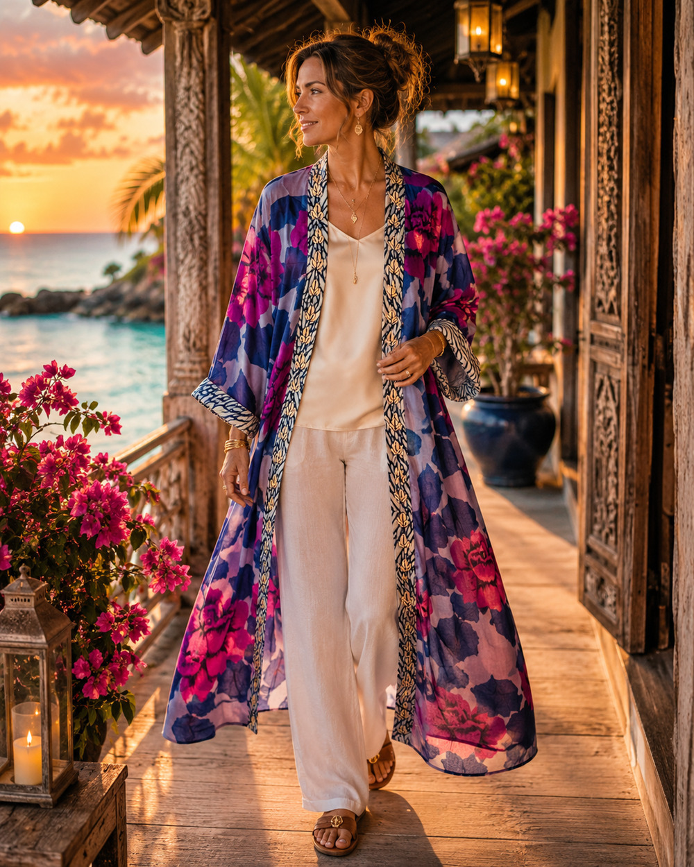 Soft Surroundings Artika Sz O/S Natural Shell Floral Longline Kimono Duster